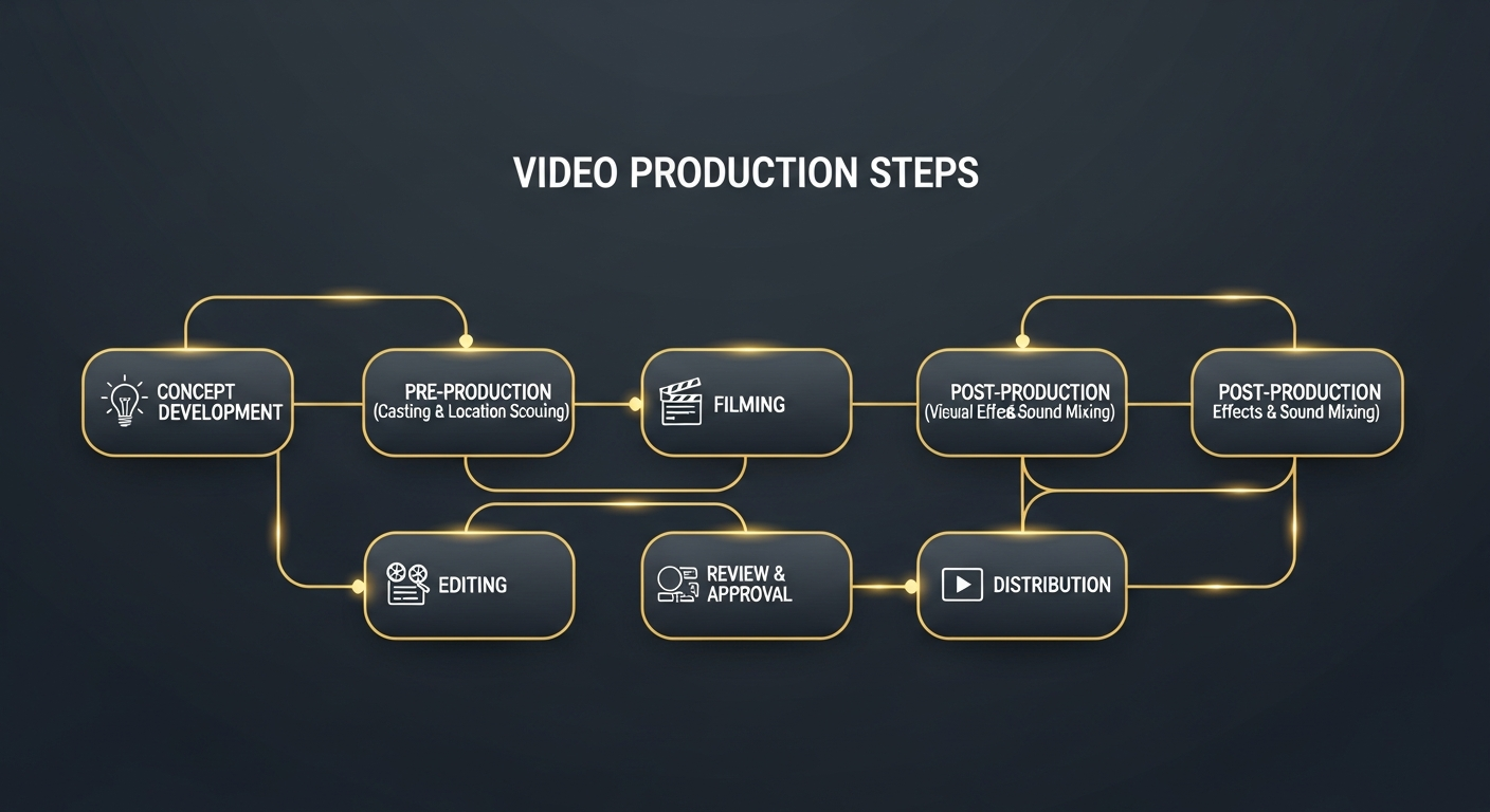 Marketing campaign video workflow diagram showing content planning, AI generation, review, and multi-platform distribution