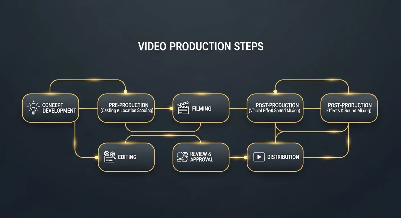 Marketing campaign video workflow diagram showing content planning, AI generation, review, and multi-platform distribution
