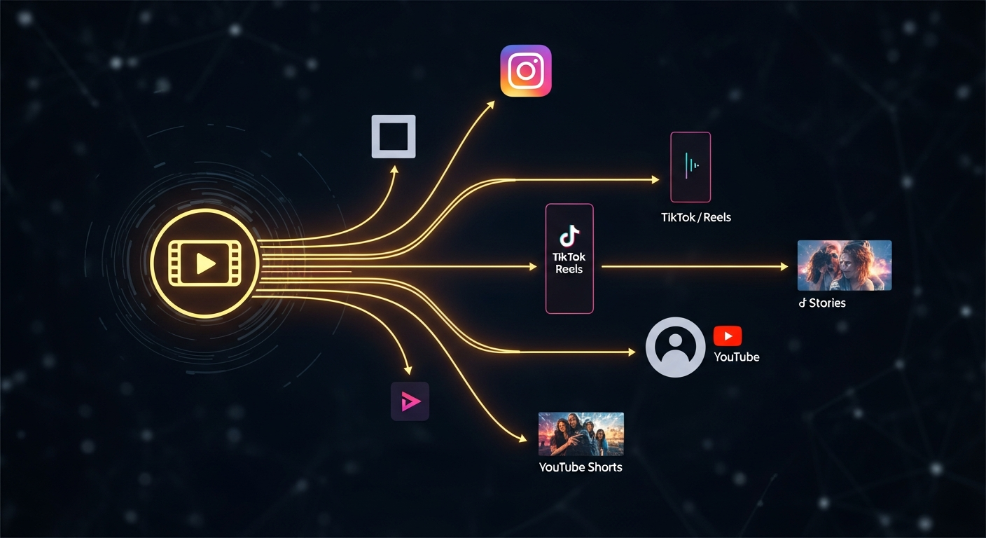Workflow diagram showing one long-form video being repurposed into multiple platform-specific clips