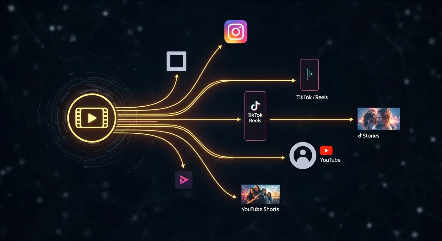 Workflow diagram showing one long-form video being repurposed into multiple platform-specific clips