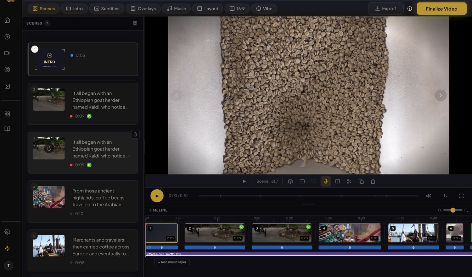 The Slenvox review editor: scene list on the left, video preview in the centre, and a scene timeline beneath it