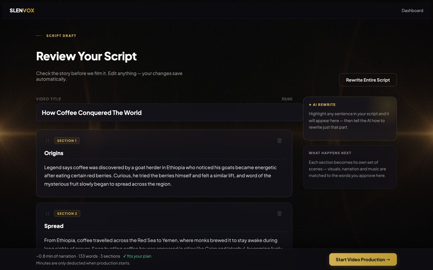 The Slenvox script review screen, with the draft script split into editable sections