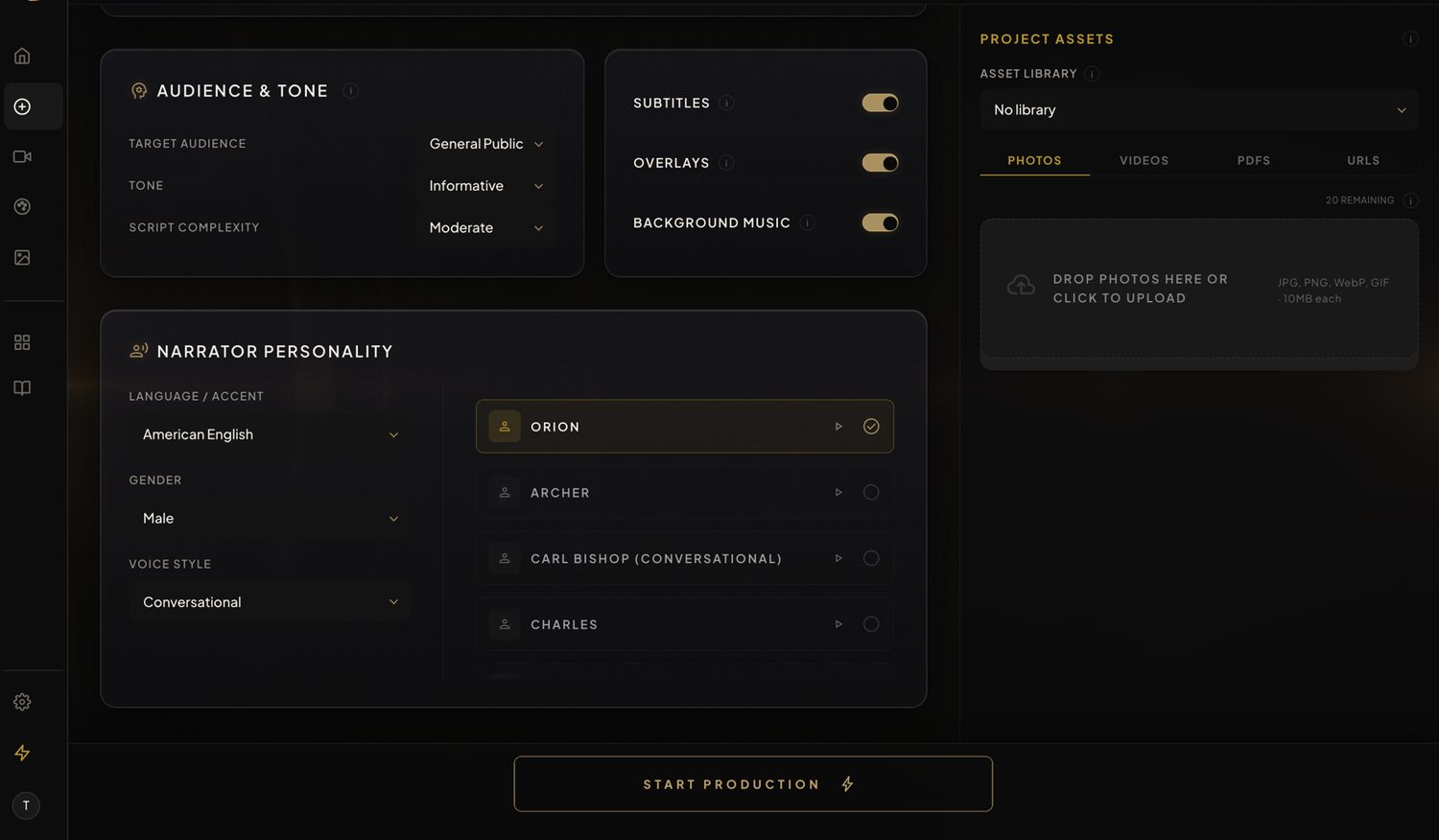 Narrator selection in Slenvox, listing named voices with language and gender filters